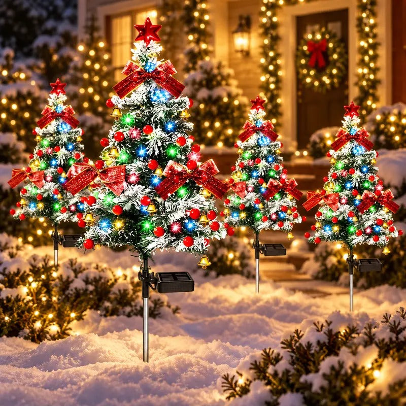 4-Pack 35.4" Solar Christmas Pathway Trees - Snow-Flocked Outdoor Trees with Multicolor LEDs