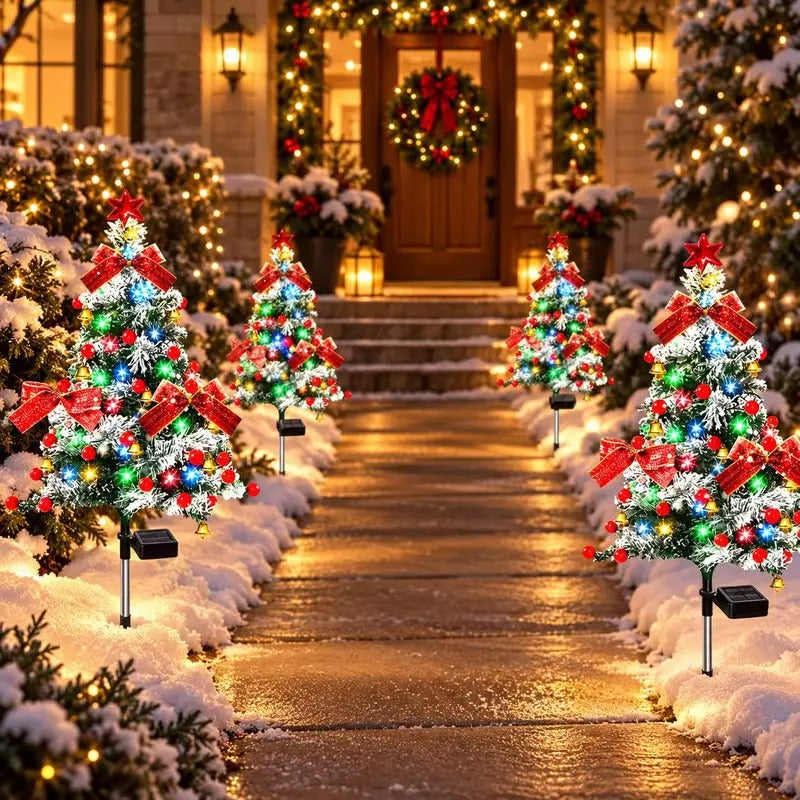 4-Pack 35.4" Solar Christmas Pathway Trees - Snow-Flocked Outdoor Trees with Multicolor LEDs