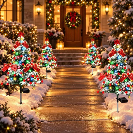 4-Pack 35.4" Solar Christmas Pathway Trees - Snow-Flocked Outdoor Trees with Multicolor LEDs