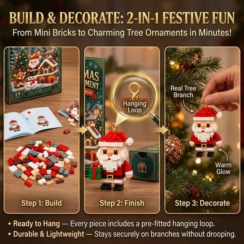 24-Day Christmas Brick Ornament Advent Calendar - DIY Mini Building Block Holiday Set with Hanging Loops