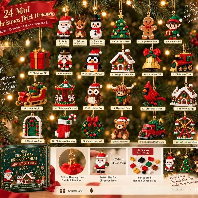24-Day Christmas Brick Ornament Advent Calendar - DIY Mini Building Block Holiday Set with Hanging Loops