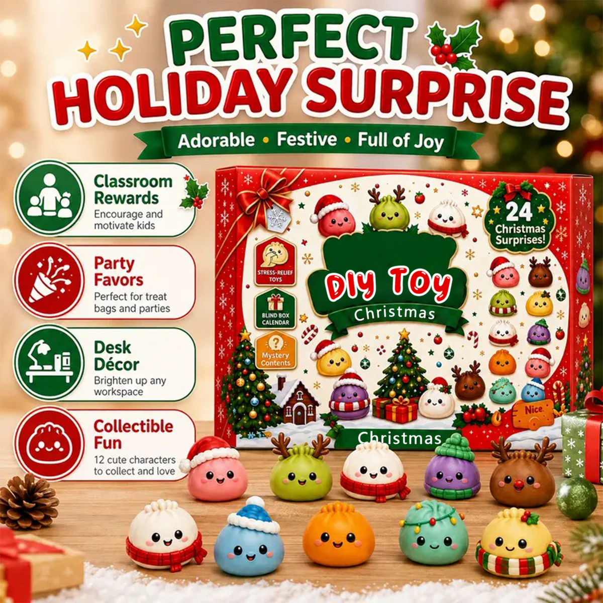 24-Day Kawaii Food Squishy Advent Calendar - 24 Surprise Mini Stress Relief Fidget Toys