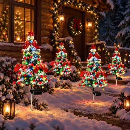 4-Pack 35.4" Solar Christmas Pathway Trees - Snow-Flocked Outdoor Trees with Multicolor LEDs
