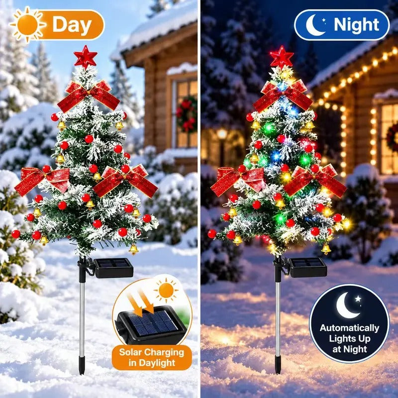 4-Pack 35.4" Solar Christmas Pathway Trees - Snow-Flocked Outdoor Trees with Multicolor LEDs