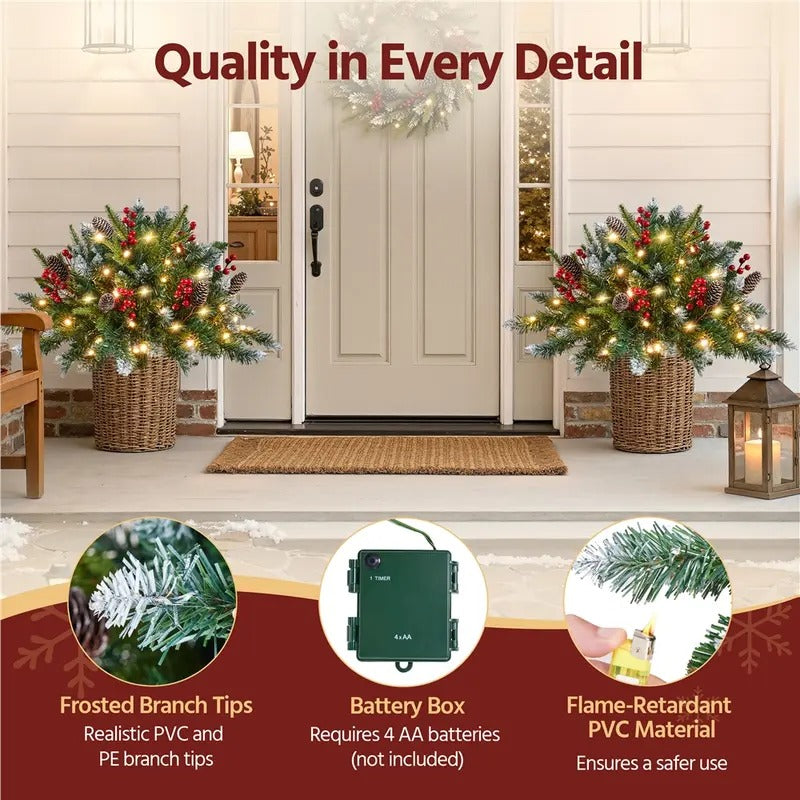 2-Pack Pre-Lit Outdoor Christmas Trees - Battery Operated Frosted Pathway Trees with LED Lights