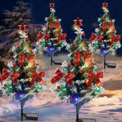 4-Pack 35.4" Solar Christmas Pathway Trees - Snow-Flocked Outdoor Trees with Multicolor LEDs