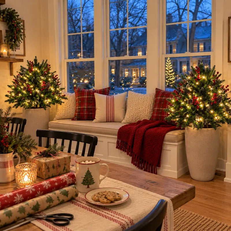 2-Pack Pre-Lit Outdoor Christmas Trees - Battery Operated Frosted Pathway Trees with LED Lights