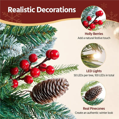 2-Pack Pre-Lit Outdoor Christmas Trees - Battery Operated Frosted Pathway Trees with LED Lights