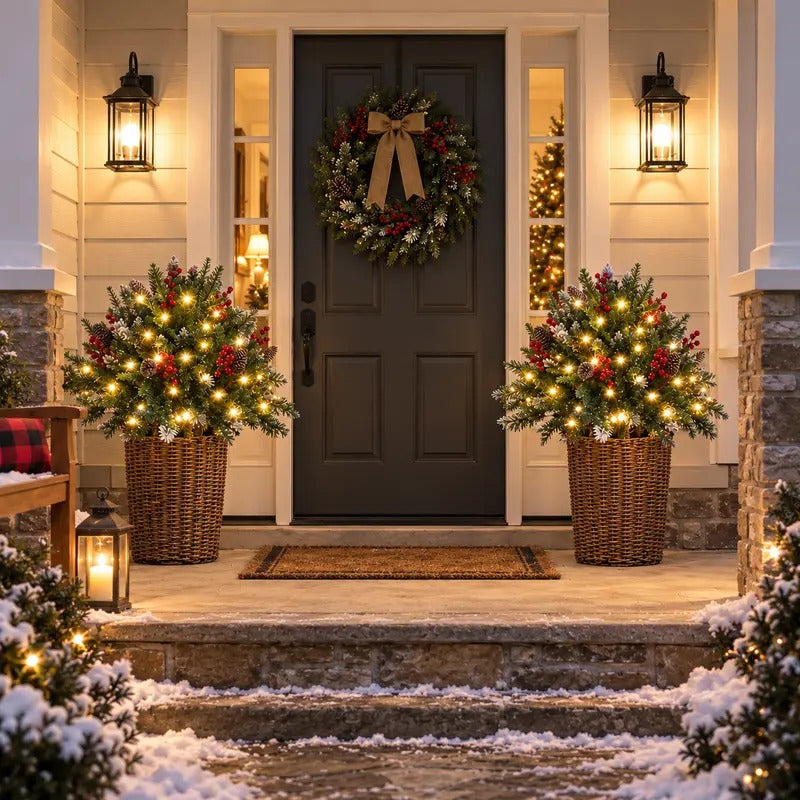 2-Pack Pre-Lit Outdoor Christmas Trees - Battery Operated Frosted Pathway Trees with LED Lights