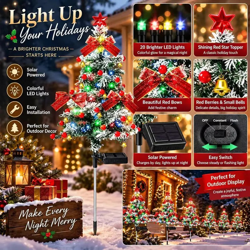 4-Pack 35.4" Solar Christmas Pathway Trees - Snow-Flocked Outdoor Trees with Multicolor LEDs