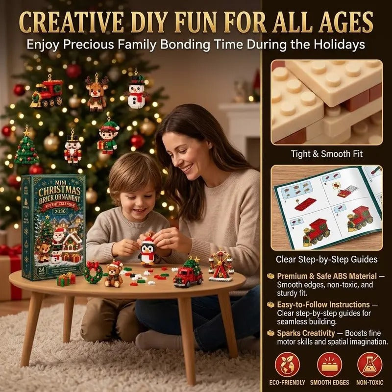 24-Day Christmas Brick Ornament Advent Calendar - DIY Mini Building Block Holiday Set with Hanging Loops